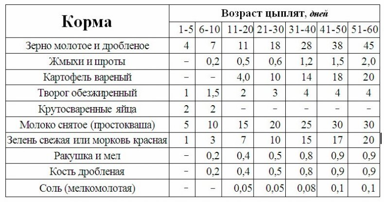 Примерные нормы кормления цыплят, г на голову в сутки